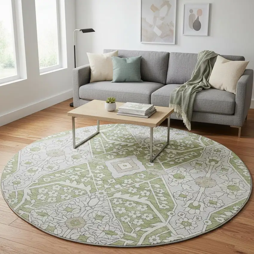 8' Artichoke Green Ivory And Gray Floral Washable Round Rug With UV Protection Photo 1