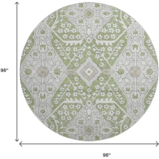8' Artichoke Green Ivory And Gray Floral Washable Round Rug With UV Protection Photo 3