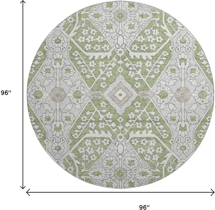 8' Artichoke Green Ivory And Gray Floral Washable Round Rug With UV Protection Photo 3
