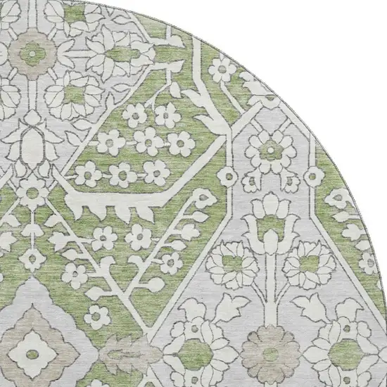 8' Artichoke Green Ivory And Gray Floral Washable Round Rug With UV Protection Photo 5