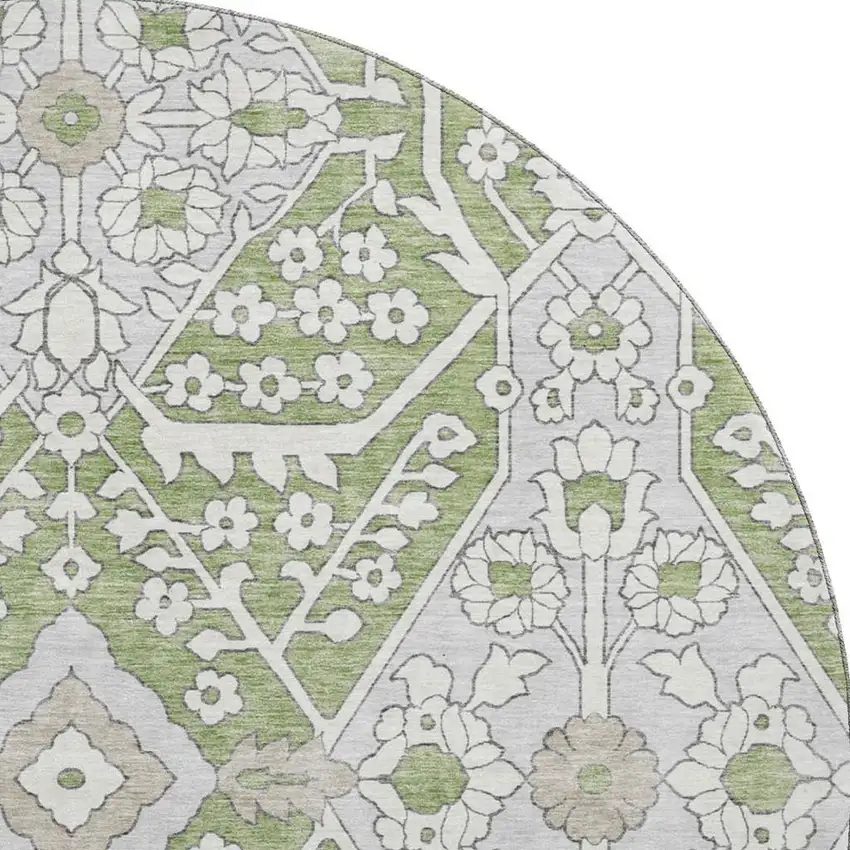 8' Artichoke Green Ivory And Gray Floral Washable Round Rug With UV Protection Photo 5