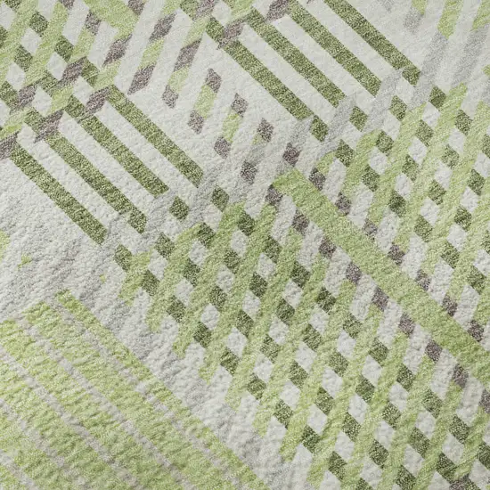 8' Artichoke Green Ivory And Gray Plaid Washable Round Rug With UV Protection Photo 7