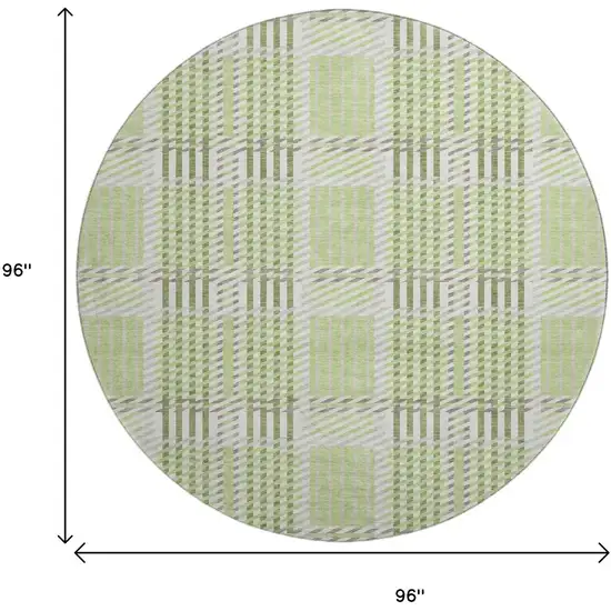 8' Artichoke Green Ivory And Gray Plaid Washable Round Rug With UV Protection Photo 8