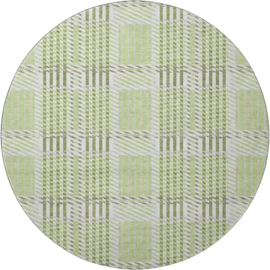 8' Artichoke Green Ivory And Gray Plaid Washable Round Rug With UV Protection Photo 2