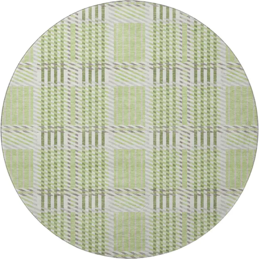 8' Artichoke Green Ivory And Gray Plaid Washable Round Rug With UV Protection Photo 2