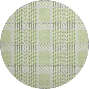 Photo of 8' Artichoke Green Ivory And Gray Plaid Washable Round Rug With UV Protection