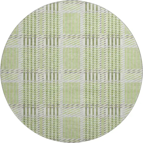 8' Artichoke Green Ivory And Gray Plaid Washable Round Rug With UV Protection Photo 1