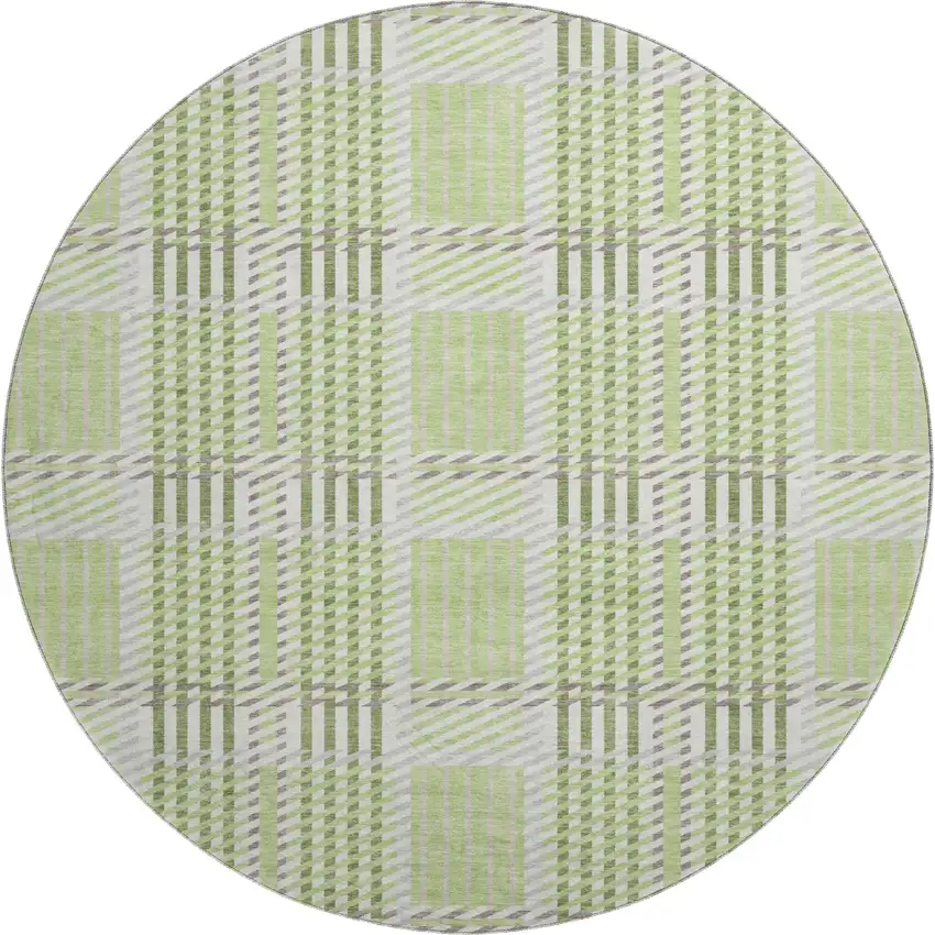 8' Artichoke Green Ivory And Gray Plaid Washable Round Rug With UV Protection Photo 1