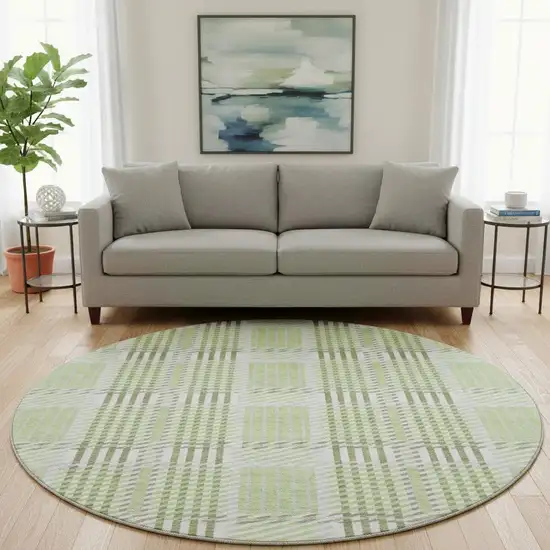 8' Artichoke Green Ivory And Gray Plaid Washable Round Rug With UV Protection Photo 2