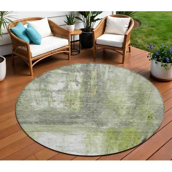 8' Artichoke Green Ivory And Gray Round Abstract Washable Indoor Outdoor Area Rug Photo 1
