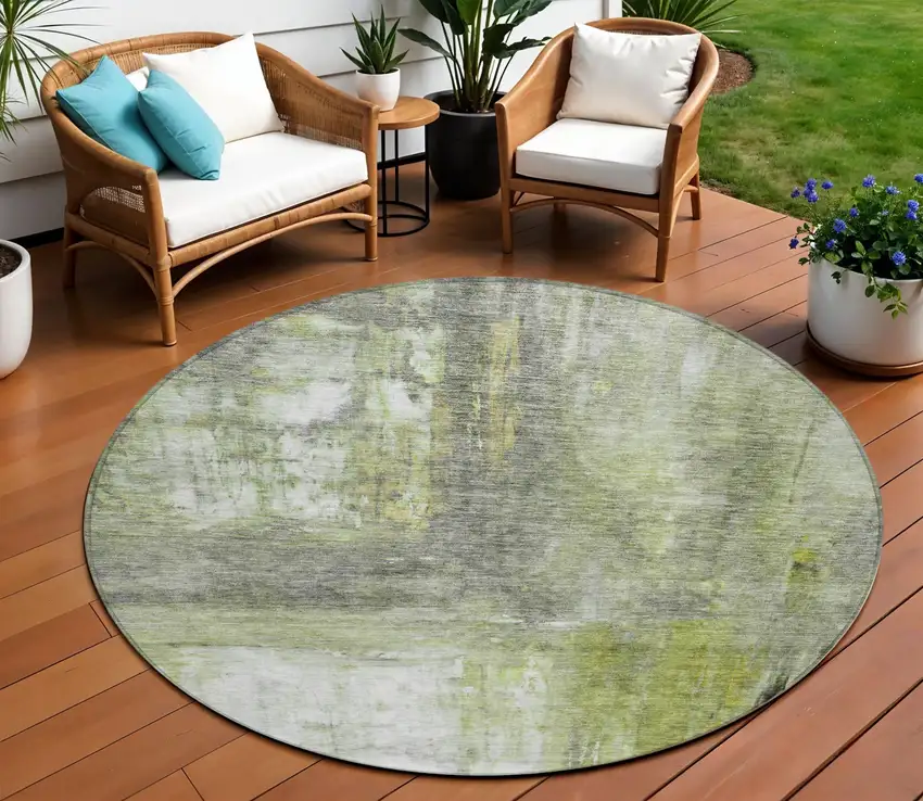 8' Artichoke Green Ivory And Gray Round Abstract Washable Indoor Outdoor Area Rug Photo 1