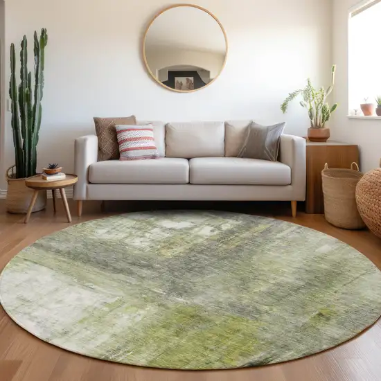 8' Artichoke Green Ivory And Gray Round Abstract Washable Indoor Outdoor Area Rug Photo 8