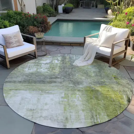 8' Artichoke Green Ivory And Gray Round Abstract Washable Indoor Outdoor Area Rug Photo 7