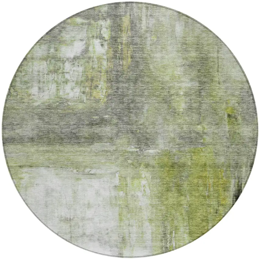 8' Artichoke Green Ivory And Gray Round Abstract Washable Indoor Outdoor Area Rug Photo 2