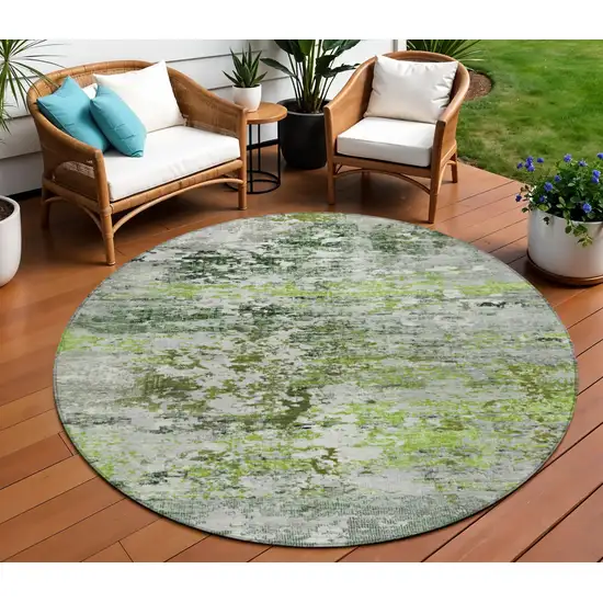 8' Artichoke Green Ivory And Gray Round Abstract Washable Indoor Outdoor Area Rug Photo 2