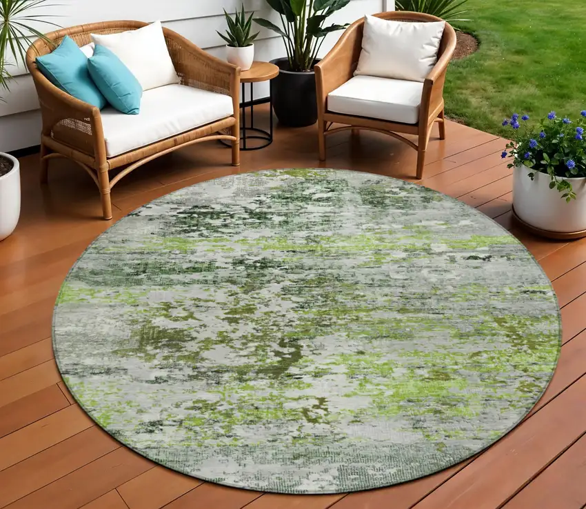 8' Artichoke Green Ivory And Gray Round Abstract Washable Indoor Outdoor Area Rug Photo 2
