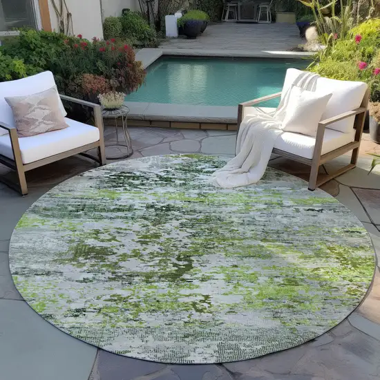 8' Artichoke Green Ivory And Gray Round Abstract Washable Indoor Outdoor Area Rug Photo 5