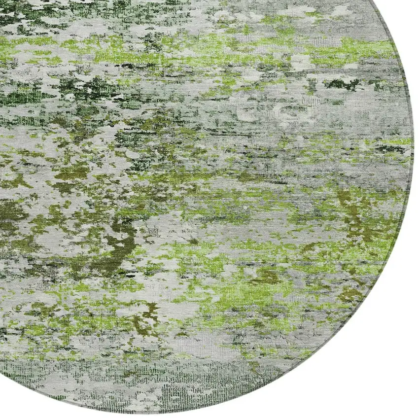 8' Artichoke Green Ivory And Gray Round Abstract Washable Indoor Outdoor Area Rug Photo 8