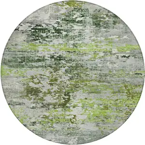 Photo of 8' Artichoke Green Ivory And Gray Round Abstract Washable Indoor Outdoor Area Rug
