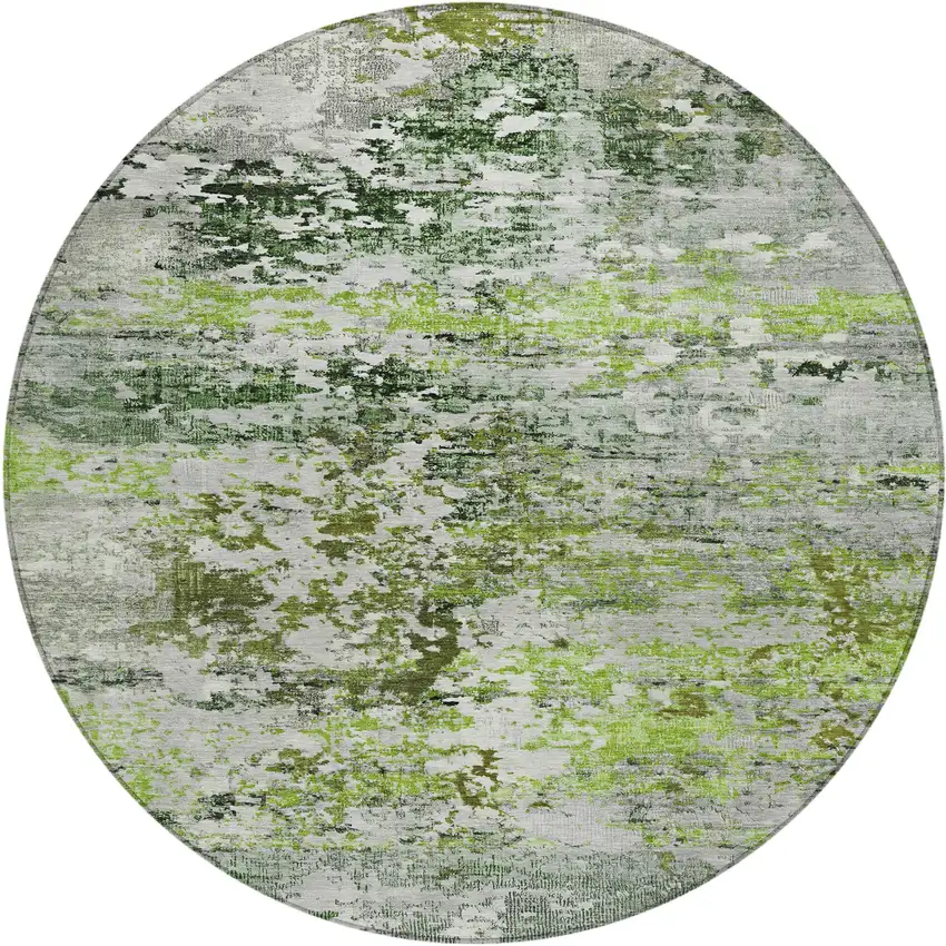 8' Artichoke Green Ivory And Gray Round Abstract Washable Indoor Outdoor Area Rug Photo 1