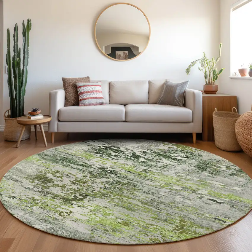 8' Artichoke Green Ivory And Gray Round Abstract Washable Indoor Outdoor Area Rug Photo 6