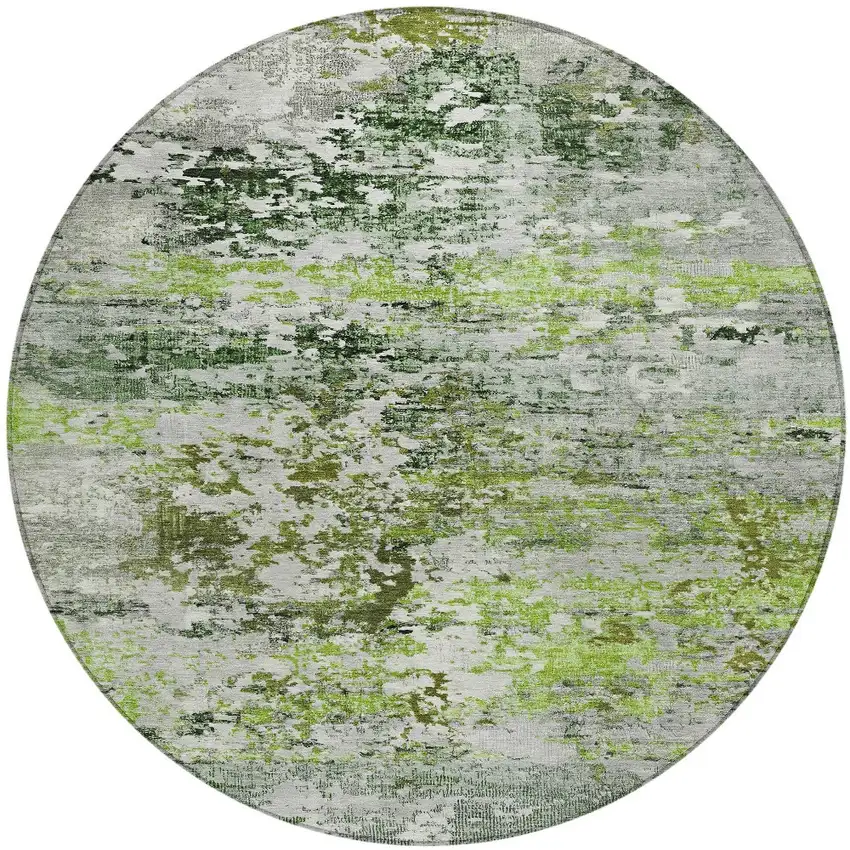 8' Artichoke Green Ivory And Gray Round Abstract Washable Indoor Outdoor Area Rug Photo 3