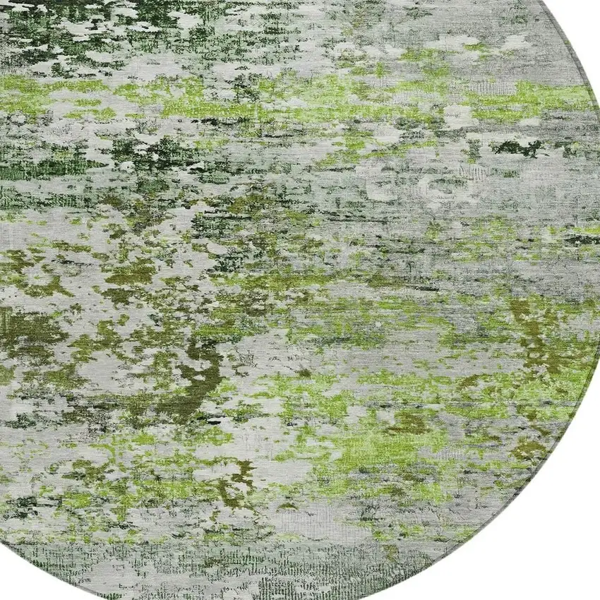 8' Artichoke Green Ivory And Gray Round Abstract Washable Indoor Outdoor Area Rug Photo 4