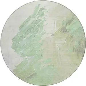 Photo of 8' Artichoke Green Ivory And Gray Round Abstract Washable Indoor Outdoor Area Rug