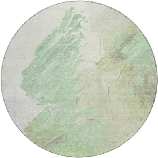 8' Artichoke Green Ivory And Gray Round Abstract Washable Indoor Outdoor Area Rug Photo 1