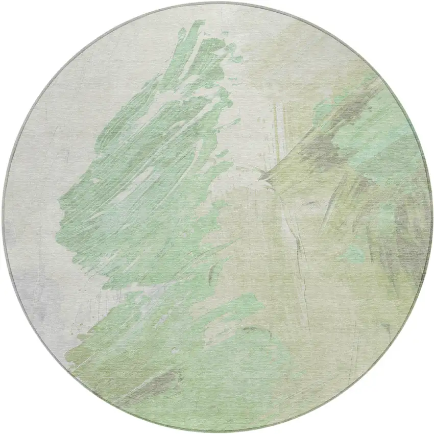 8' Artichoke Green Ivory And Gray Round Abstract Washable Indoor Outdoor Area Rug Photo 1