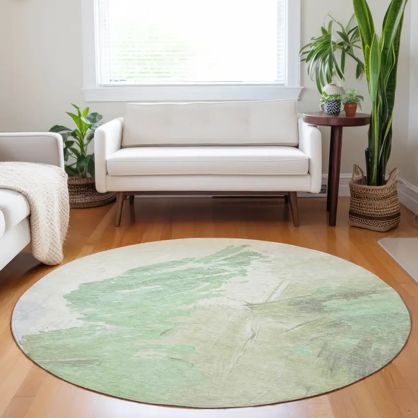 8' Artichoke Green Ivory And Gray Round Abstract Washable Indoor Outdoor Area Rug Photo 6