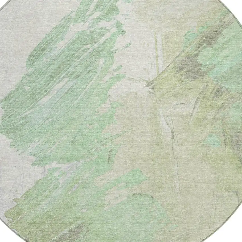 8' Artichoke Green Ivory And Gray Round Abstract Washable Indoor Outdoor Area Rug Photo 4