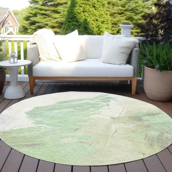 8' Artichoke Green Ivory And Gray Round Abstract Washable Indoor Outdoor Area Rug Photo 5