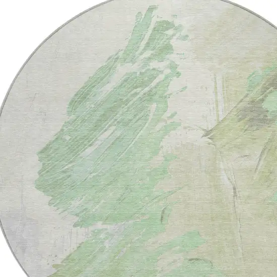8' Artichoke Green Ivory And Gray Round Abstract Washable Indoor Outdoor Area Rug Photo 8