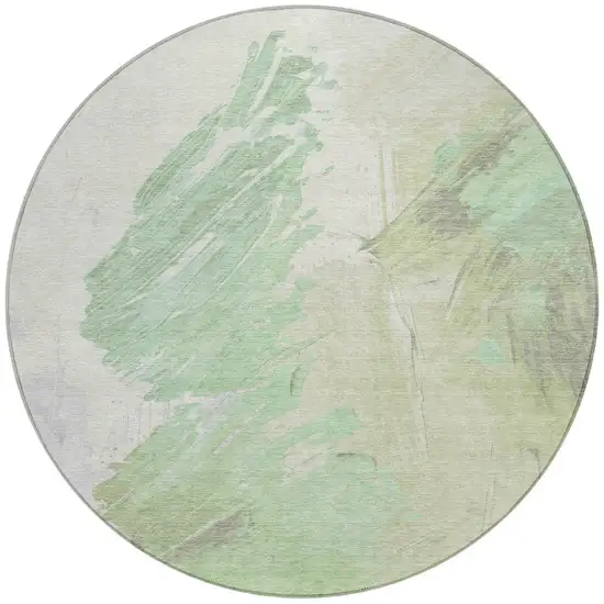 8' Artichoke Green Ivory And Gray Round Abstract Washable Indoor Outdoor Area Rug Photo 3