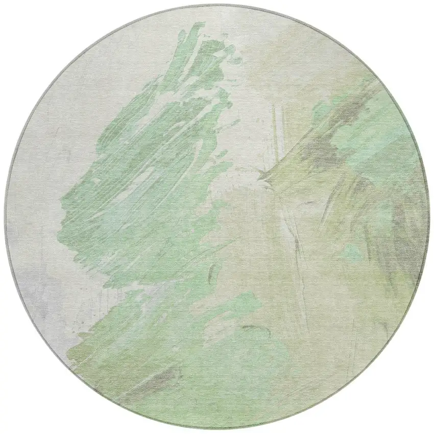 8' Artichoke Green Ivory And Gray Round Abstract Washable Indoor Outdoor Area Rug Photo 3