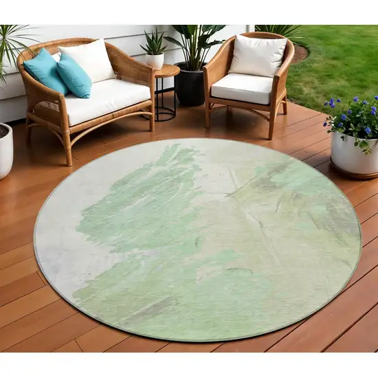 8' Artichoke Green Ivory And Gray Round Abstract Washable Indoor Outdoor Area Rug Photo 2