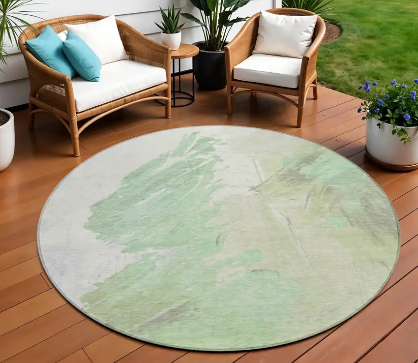 8' Artichoke Green Ivory And Gray Round Abstract Washable Indoor Outdoor Area Rug Photo 2