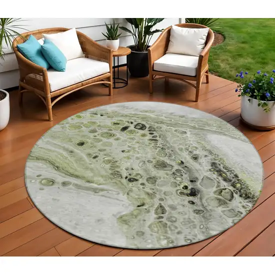 8' Artichoke Green Ivory And Gray Round Abstract Washable Indoor Outdoor Area Rug Photo 2