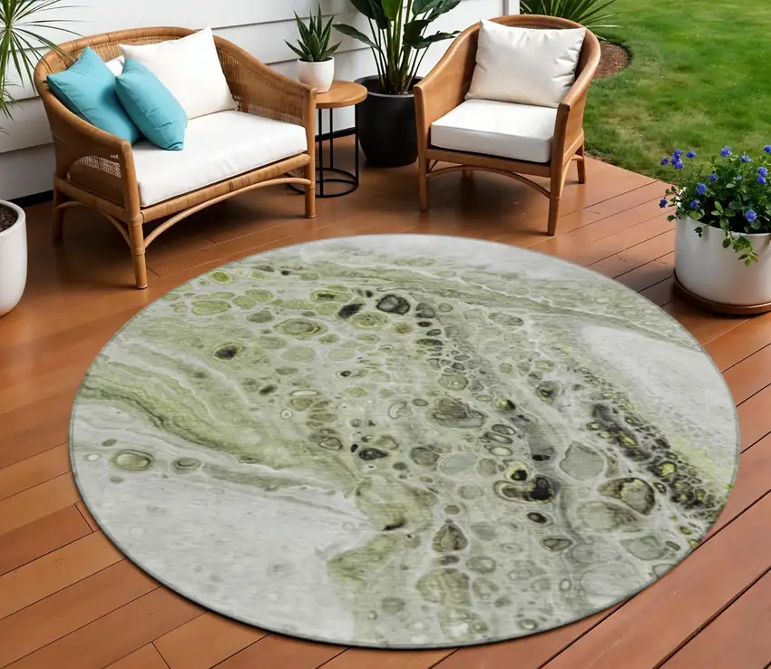 8' Artichoke Green Ivory And Gray Round Abstract Washable Indoor Outdoor Area Rug Photo 2
