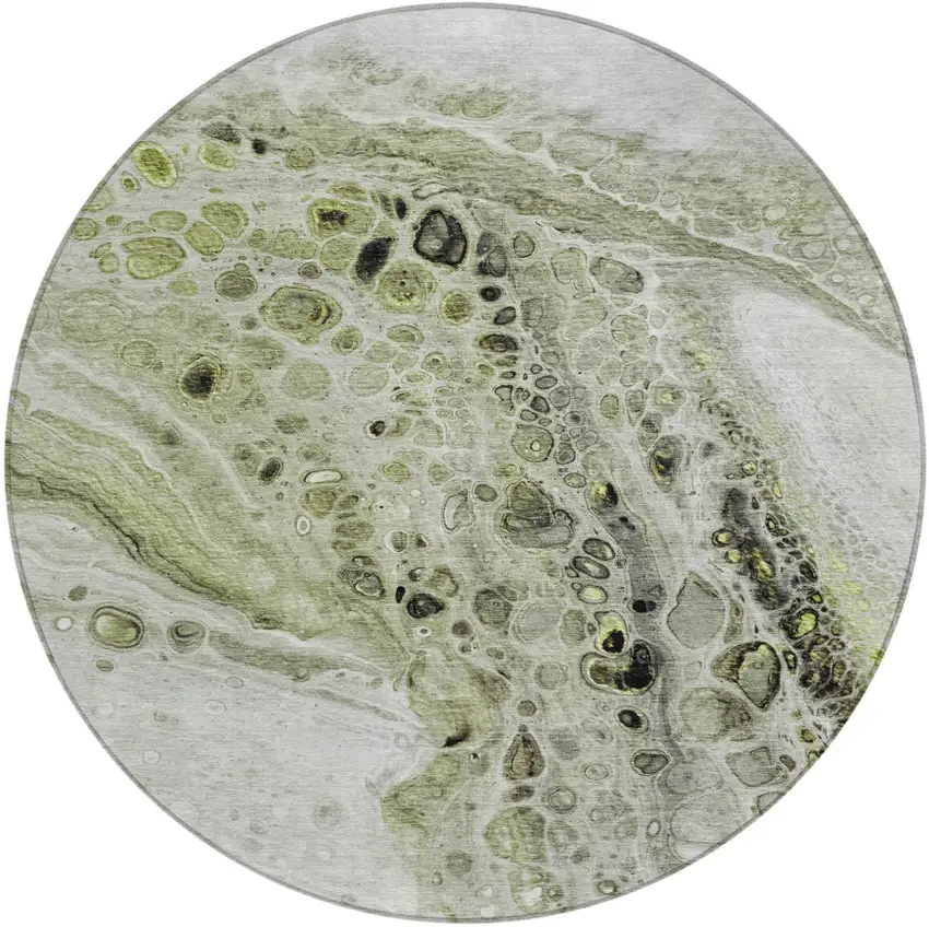 8' Artichoke Green Ivory And Gray Round Abstract Washable Indoor Outdoor Area Rug Photo 1