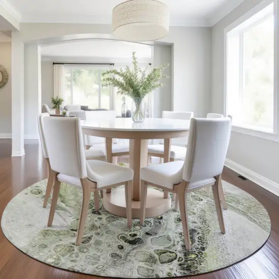 8' Artichoke Green Ivory And Gray Round Abstract Washable Indoor Outdoor Area Rug Photo 6