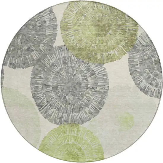 8' Artichoke Green Ivory And Gray Round Abstract Washable Indoor Outdoor Area Rug Photo 2