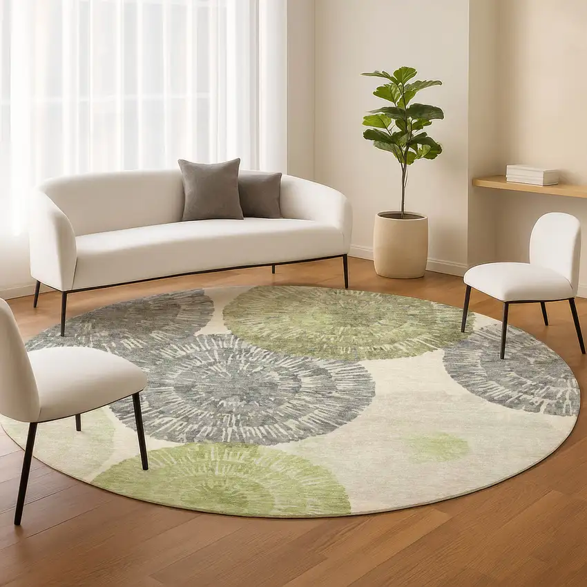 8' Artichoke Green Ivory And Gray Round Abstract Washable Indoor Outdoor Area Rug Photo 8