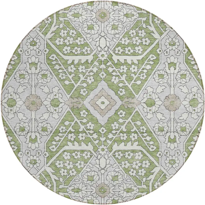 8' Artichoke Green Ivory And Gray Round Floral Washable Indoor Outdoor Area Rug Photo 2