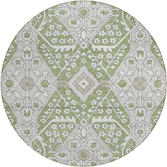 8' Artichoke Green Ivory And Gray Round Floral Washable Indoor Outdoor Area Rug Photo 2