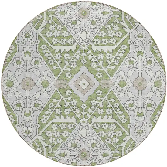 8' Artichoke Green Ivory And Gray Round Floral Washable Indoor Outdoor Area Rug Photo 2