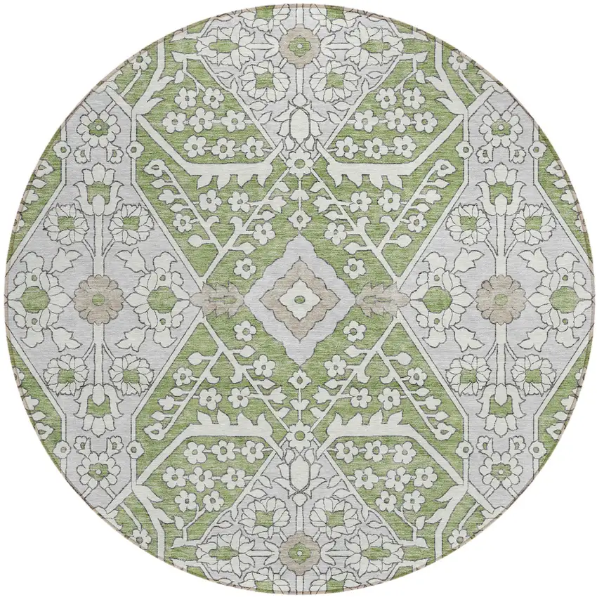 8' Artichoke Green Ivory And Gray Round Floral Washable Indoor Outdoor Area Rug Photo 2