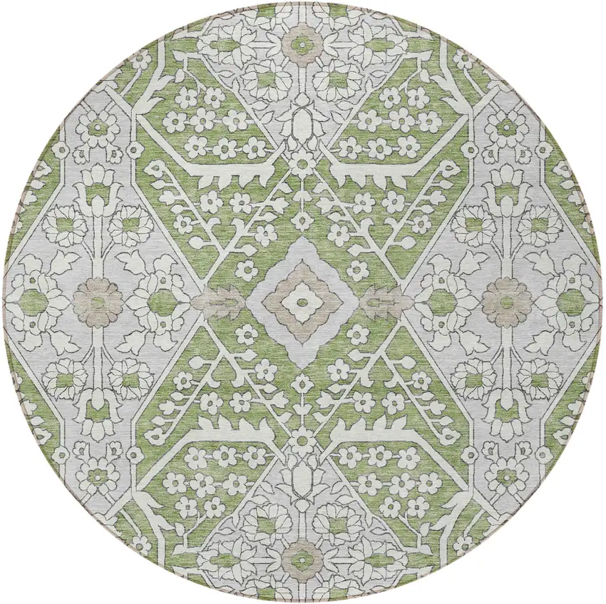 8' Artichoke Green Ivory And Gray Round Floral Washable Indoor Outdoor Area Rug Photo 7