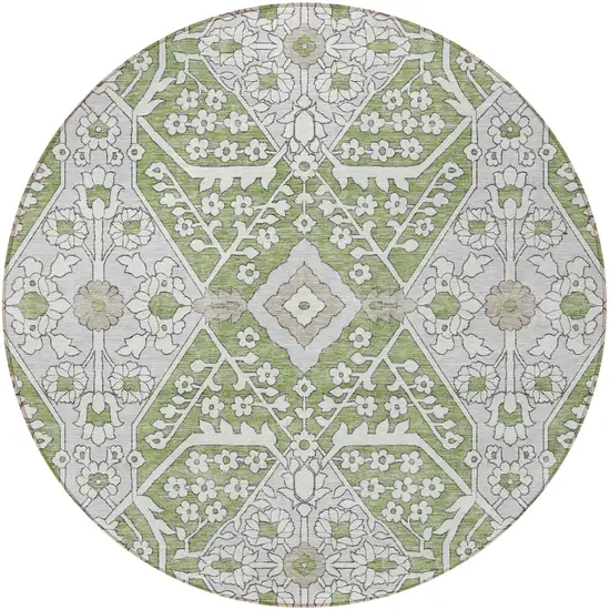 8' Artichoke Green Ivory And Gray Round Floral Washable Indoor Outdoor Area Rug Photo 7